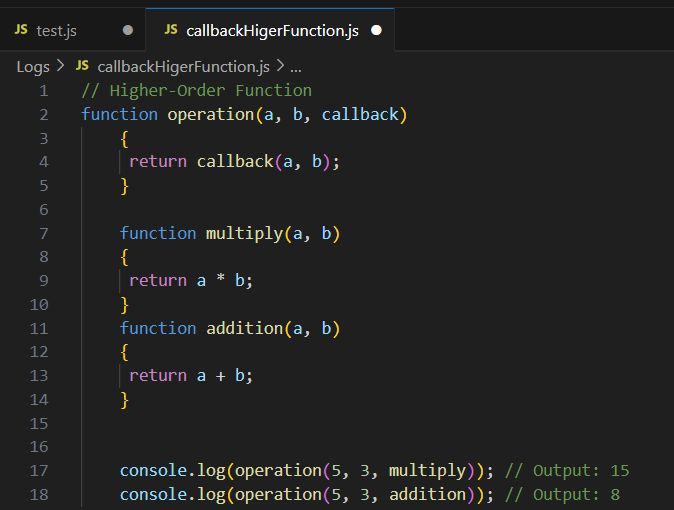 Example of Higher Order Functions and callback function with code?